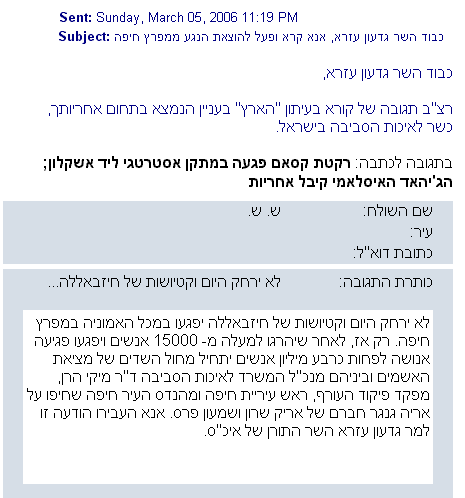 הקלק לראות את התגובה המקורית באתר הארץ, שנכתבה יותר מ-4 חודשים לפני מלחמת לבנון השניה